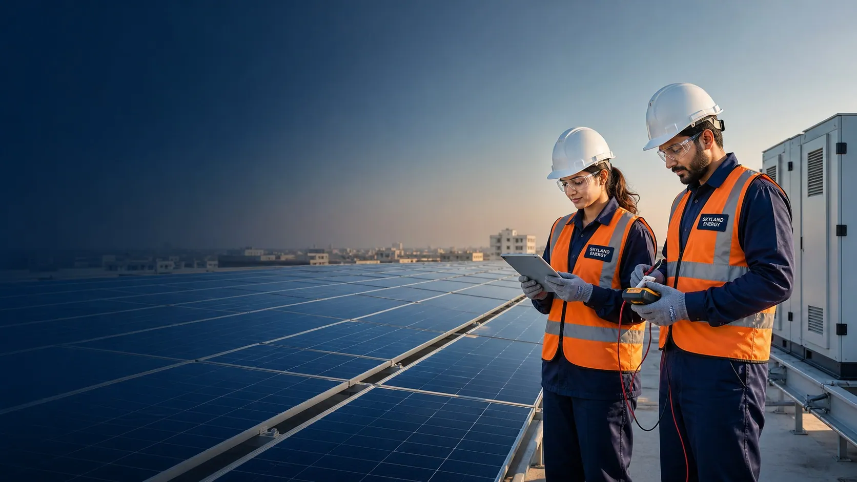 Representative Skyland Energy engineers inspecting a modern rooftop solar installation